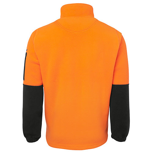 JB’s Hi Vis Half Zip Polar Fleece, featuring a back view showcasing its elastic bottom hem with adjustable toggles and side pockets. Ideal for safety and workwear, emphasizing durability and compliance standards.