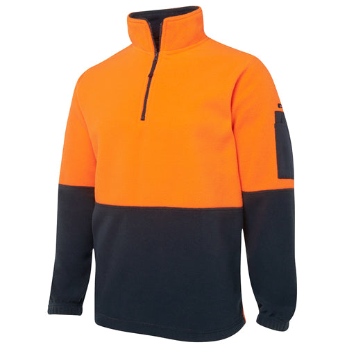 Load image into Gallery viewer, JB’s Hi Vis Half Zip Polar Fleece, featuring a durable 100% polyester build with elastic bottom hem, adjustable toggles, and two inseam side pockets, ideal for safety and workwear needs.