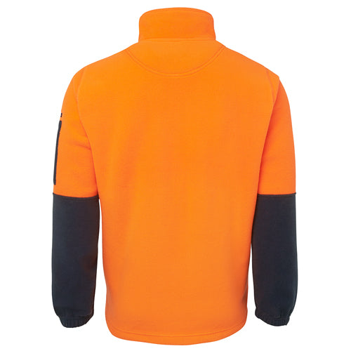 Load image into Gallery viewer, JB’s Hi Vis Half Zip Polar Fleece features a back view showcasing its elastic bottom hem with adjustable toggles and two inseam side pockets, emphasizing practicality for safety and workwear needs.