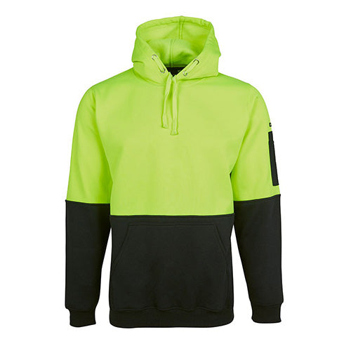 JB's Hi Vis Fleece Pullover Hoodie features a durable polyester-cotton blend, contrast panels, a kangaroo pocket, and a pen pocket on the sleeve, ideal for workplace safety and comfort.