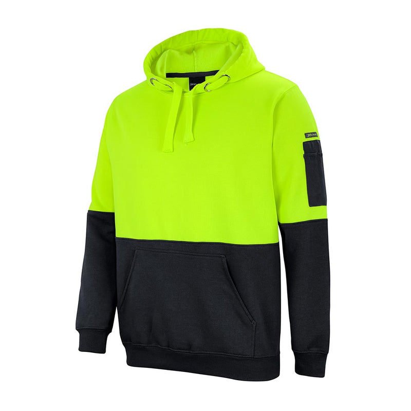 Load image into Gallery viewer, JB's Hi Vis Fleece Pullover Hoodie features a fluorescent yellow-green top with a black bottom, drawstring hood, front kangaroo pocket, and a sleeve utility pocket, ideal for safety and comfort.