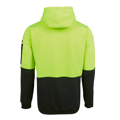 Load image into Gallery viewer, JB's Hi Vis Fleece Pullover Hoodie features a green and black design with a kangaroo pocket, pen pocket on the sleeve, ribbed cuffs, and a hood with drawcord, ideal for safety and comfort.
