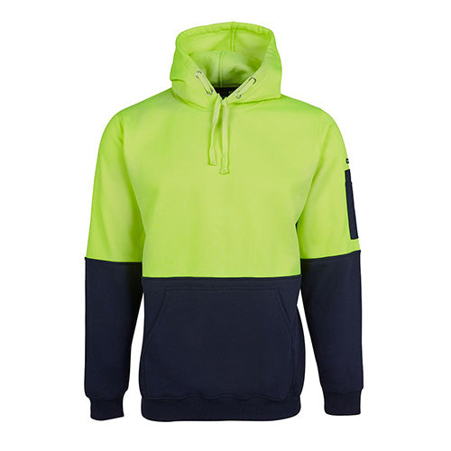 JB's Hi Vis Fleece Pullover Hoodie features a kangaroo pocket, ribbed cuffs, and a drawcord hood, ideal for workplace safety and comfort with durable polyester-cotton blend and contrast panel design.