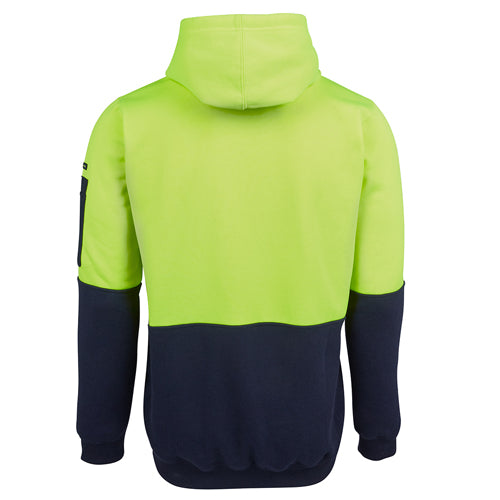Load image into Gallery viewer, JB's Hi Vis Fleece Pullover Hoodie features a durable polyester-cotton blend, kangaroo pocket, and ribbed cuffs. Ideal for safety and comfort, it complies with AS/NZS standards, perfect for workplace use.