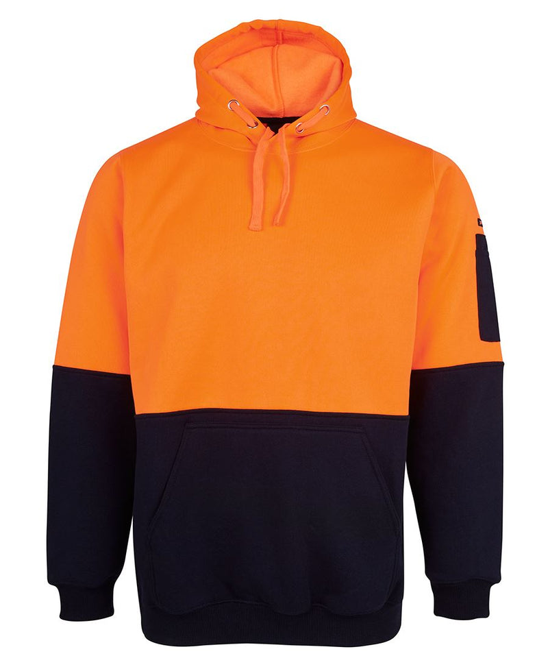 Load image into Gallery viewer, JB's Hi Vis Fleece Pullover Hoodie features a contrast panel design, kangaroo and pen pockets, and ribbed cuffs, ideal for workplace safety. Crafted from a polyester-cotton blend for comfort and durability.