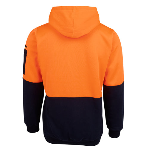 Load image into Gallery viewer, JB's Hi Vis Fleece Pullover Hoodie features a hood with drawcord, ribbed cuffs, kangaroo pocket, and a contrast panel. Ideal for workwear, providing comfort with polyester and cotton blend.