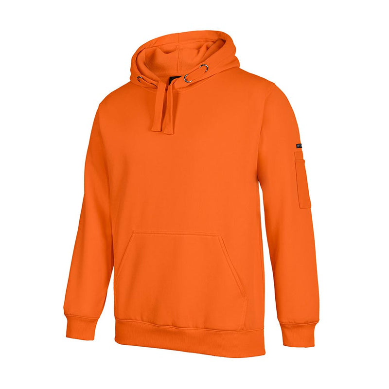 Load image into Gallery viewer, JB's Hi Vis Fleece Pullover Hoodie features a bright orange design with contrast panels, drawstring hood, kangaroo pocket, and pen pocket on the sleeve, ideal for workplace safety and comfort.