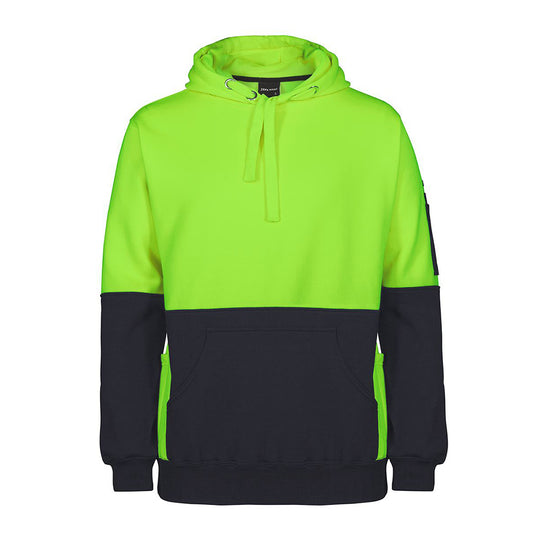 JB's Hi Vis 330gsm Pull Over Hoodie featuring a hand warmer pocket pouch and sleeve pen pocket, ideal for safety and workwear.