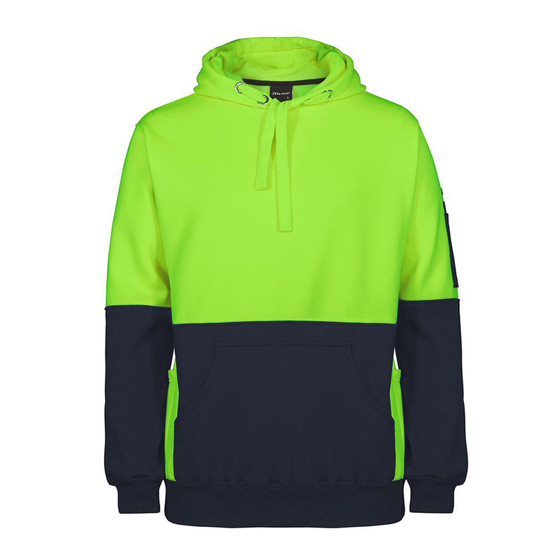 Load image into Gallery viewer, JB's Hi Vis 330gsm Pull Over Hoodie features a three-panel hood with drawcord, hand warmer pocket pouch, and sleeve pen pocket, designed for safety and comfort in workplace environments.