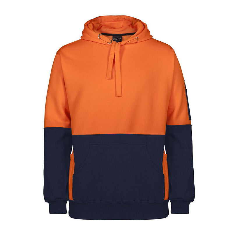 Load image into Gallery viewer, JB's Hi Vis 330gsm Pull Over Hoodie featuring a hand warmer pocket pouch, sleeve pen pocket, and three-panel hood with draw cord, designed for safety and comfort in work environments.