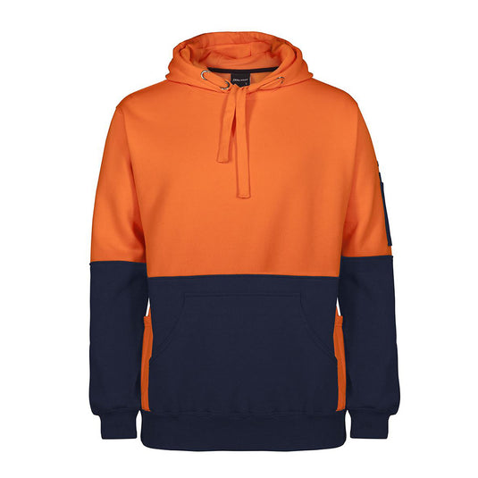 JB's Hi Vis 330gsm Pull Over Hoodie featuring a hand warmer pocket pouch, sleeve pen pocket, and three-panel hood with draw cord, designed for safety and comfort in work environments.