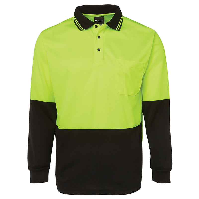 Load image into Gallery viewer, JB's Hi Vis Traditional L/S Polo Shirt features long sleeves and a reinforced chest pocket, crafted from moisture-wicking, quick-drying polyester, ideal for high-visibility safety and comfort in active work environments.