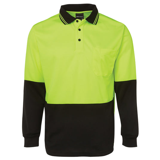 JB's Hi Vis Traditional L/S Polo Shirt features long sleeves and a reinforced chest pocket, crafted from moisture-wicking, quick-drying polyester, ideal for high-visibility safety and comfort in active work environments.