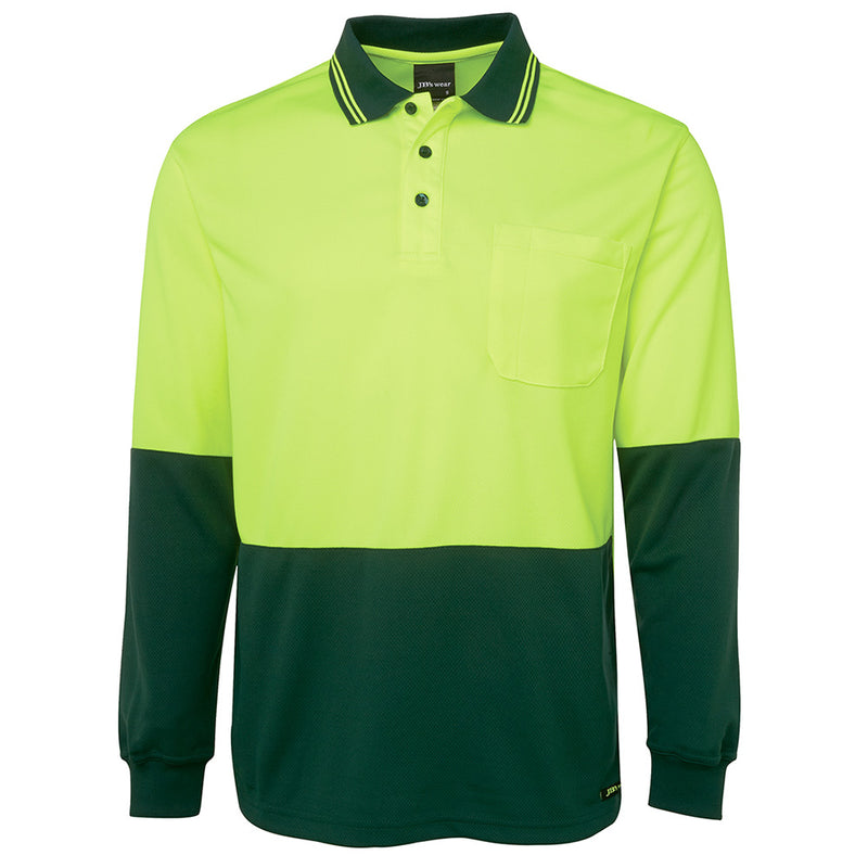Load image into Gallery viewer, JB's Hi Vis Traditional L/S Polo Shirt featuring long sleeves, a reinforced chest pocket with pen insert, and straight hem with side splits, designed with moisture-wicking micro mesh fabric for active safety wear.