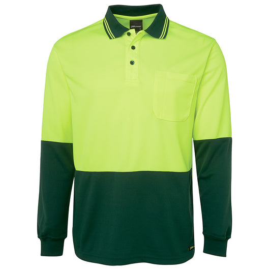 JB's Hi Vis Traditional L/S Polo Shirt featuring long sleeves, a reinforced chest pocket with pen insert, and straight hem with side splits, designed with moisture-wicking micro mesh fabric for active safety wear.