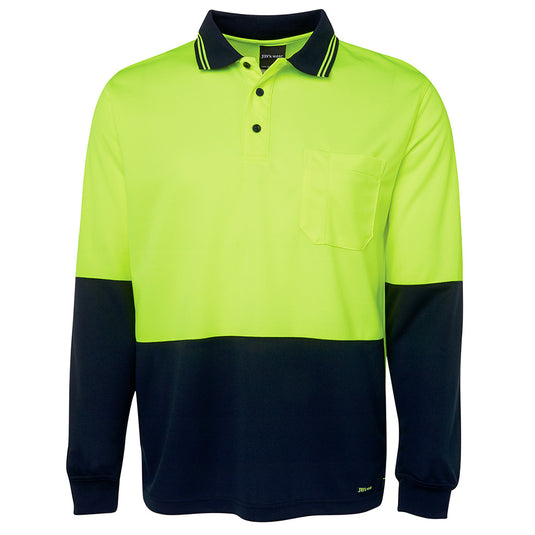 JB's Hi Vis Traditional L/S Polo Shirt displaying long sleeves, a reinforced chest pocket with pen insert, and a straight hem with side splits, ideal for safety and workplace environments.
