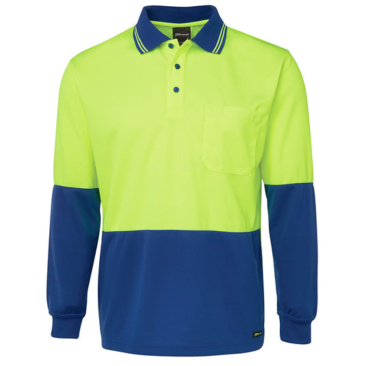 JB's Hi Vis Traditional L/S Polo Shirt featuring long sleeves, a reinforced chest pocket with pen insert, and a straight hem with side splits, designed for durability and moisture-wicking performance.