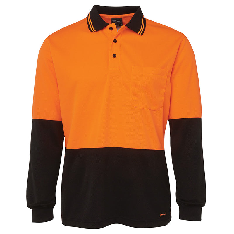 Load image into Gallery viewer, JB's Hi Vis Traditional L/S Polo Shirt features long sleeves and a reinforced chest pocket with pen insert, crafted for durability with moisture-wicking micro mesh fabric, ideal for safety-focused workplaces.