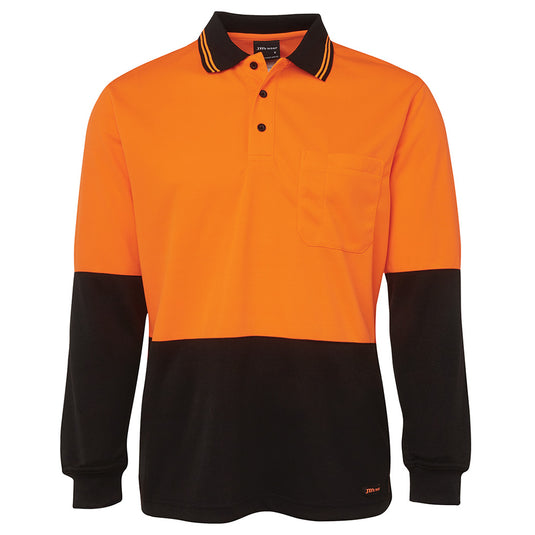 JB's Hi Vis Traditional L/S Polo Shirt features long sleeves and a reinforced chest pocket with pen insert, crafted for durability with moisture-wicking micro mesh fabric, ideal for safety-focused workplaces.