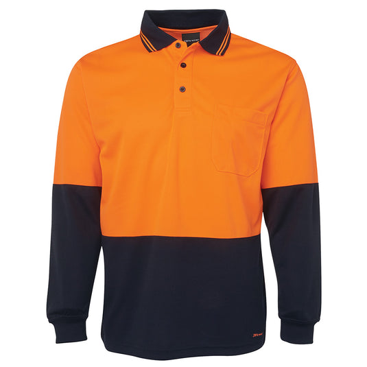 JB's Hi Vis Traditional L/S Polo Shirt featuring a long-sleeved design with a collar, made from durable 100% polyester micro mesh, ideal for workplace safety with a reinforced chest pocket and moisture-wicking fabric.