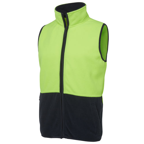 JB's Hi Vis Polar Fleece Vest, crafted from 100% polyester for durability, features a front contrast panel and easy-care design, ideal for safety-conscious workplaces.