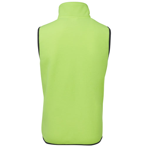 JB's Hi Vis Polar Fleece Vest features durable 100% polyester, 280gsm low pill polar fleece fabric, and a front contrast panel, ideal for safety-focused workwear from Active Safety.