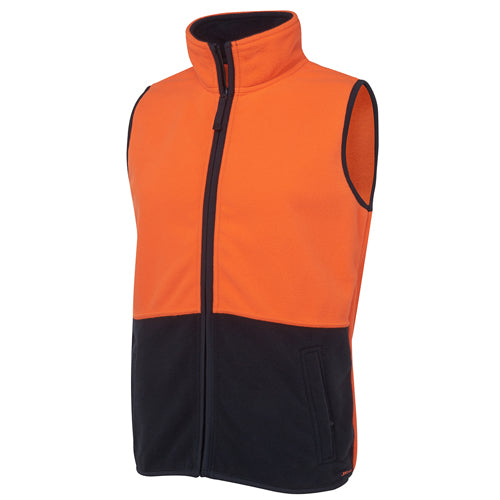 JB's Hi Vis Polar Fleece Vest features a zippered front and a close-up of the sturdy 100% polyester build, designed for durability and compliance with safety standards, ideal for workplace safety.