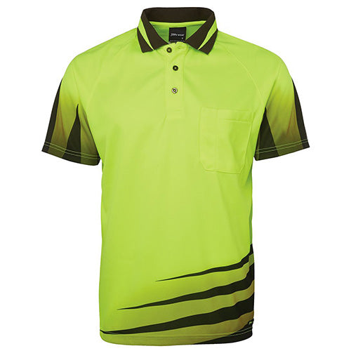 JB's Hi Vis Rippa Polo Shirt with black stripes features raglan sleeves, a jacquard Hi Vis stripe collar, and a chest pocket. Ideal for safety, crafted from moisture-wicking, quick-drying fabric.