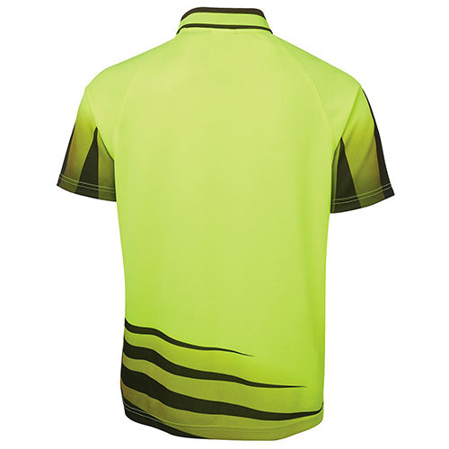 JB's Hi Vis Rippa Polo Shirt featuring a yellow back with a black-striped collar, designed for safety with moisture-wicking micro mesh fabric, raglan sleeves, and a practical chest pocket with pen insert.