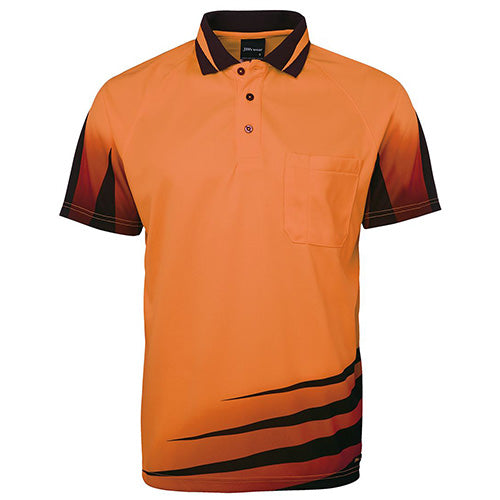 JB's Hi Vis Rippa Polo Shirt featuring black stripes, a jacquard Hi Vis stripe insert collar, and raglan sleeves. Designed with a chest pocket and pen insert for practicality. Ideal for safety-conscious work environments.