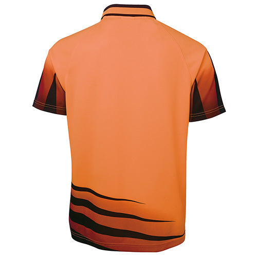JB's Hi Vis Rippa Polo Shirt featuring a detailed back view with a distinctive jacquard Hi Vis stripe on the collar and raglan sleeves, designed for optimal safety and comfort.