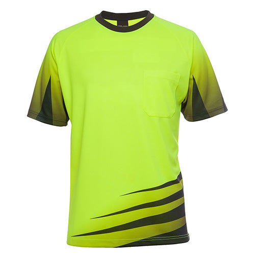 JB's Hi Vis Rippa T-Shirt in yellow with black stripes, featuring a raglan sleeve, reinforced chest pocket, and straight hem. Ideal for safety, made from durable micro mesh fabric with moisture-wicking technology.