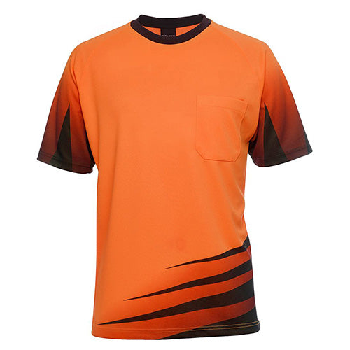 JB's Hi Vis Rippa T-Shirt features black stripes on an orange base, crafted from durable micro mesh fabric with moisture-wicking technology, raglan sleeves, and a reinforced chest pocket with pen insert.