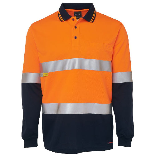 Load image into Gallery viewer, JB's Hi Vis Taped L/S Polo Shirt features long sleeves, reflective stripes, and a durable 100% polyester construction, ideal for safety and comfort in workplace environments.
