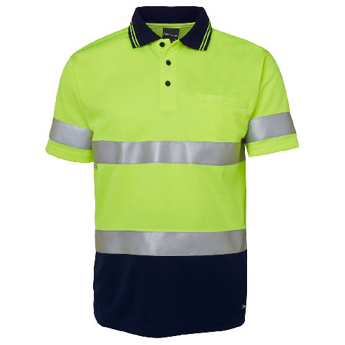 JB's Hi Vis Taped S/S Polo Shirt features reflective stripes, short sleeves, and a classic fit, designed for workplace safety with moisture-wicking, quick-dry fabric, ideal for staying cool and visible.