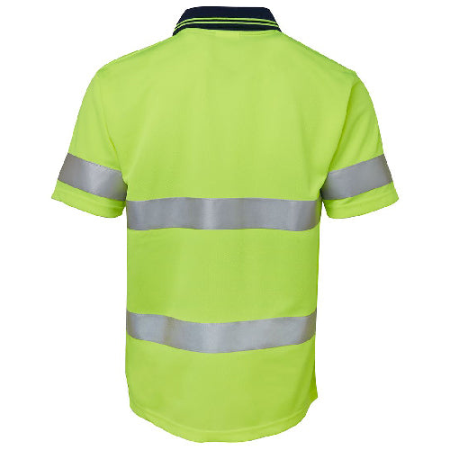 Load image into Gallery viewer, JB's Hi Vis Taped S/S Polo Shirt features reflective stripes on a yellow backdrop, designed for enhanced visibility. Crafted from moisture-wicking polyester, it's ideal for workplace safety and comfort.