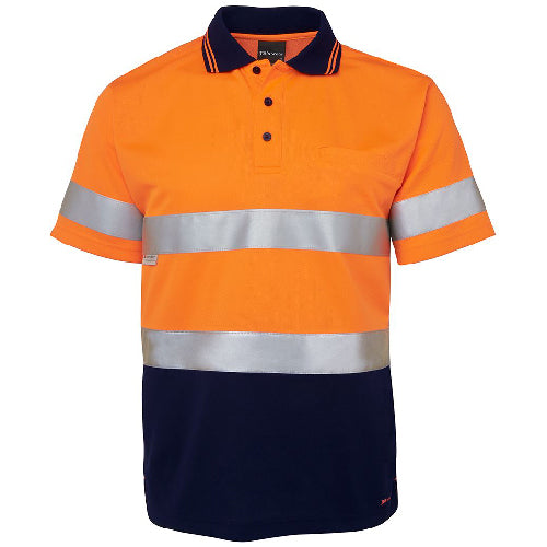 JB's Hi Vis Taped S/S Polo Shirt featuring reflective stripes, short sleeves, and a collar. Made from durable micro mesh fabric, it's designed for superior moisture-wicking and UPF protection, ideal for workplace safety.