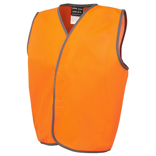 Load image into Gallery viewer, JB's Kids Hi Vis Safety Vest, featuring orange fabric with grey trim, designed for high visibility and safety. Ideal for children, this durable polyester vest includes a front flap with Hook-Pile Tape closure.