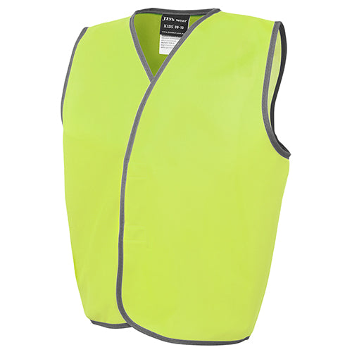 JB's Kids Hi Vis Safety Vest featuring a bright yellow design with grey trim, ensuring visibility. Made from durable 100% polyester tricot with a front flap hook-pile tape closure for secure fit.
