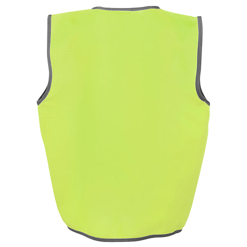 Load image into Gallery viewer, JB's Kids Hi Vis Safety Vest features a bright yellow design with grey trim, made from durable polyester tricot. It includes a front flap with hook-pile tape closure, ensuring visibility and safety for children.