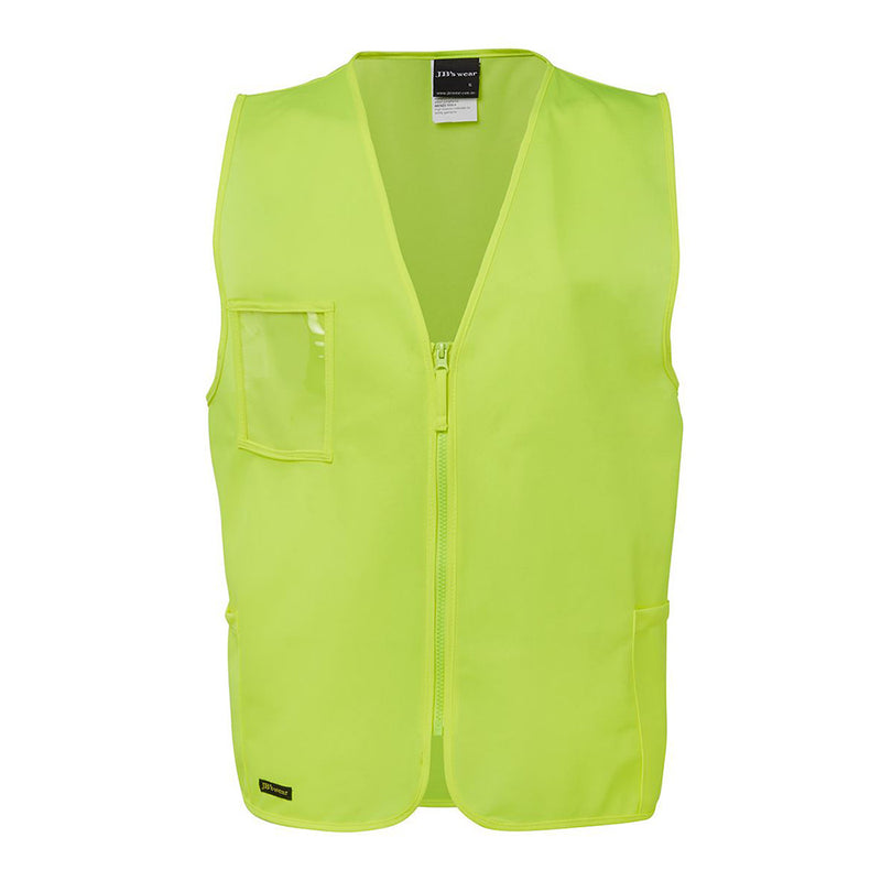 Load image into Gallery viewer, JB's Hi Vis Zip Vest, crafted from 100% polyester tricot, features a front zipper and side utility pockets, designed for workplace safety and durability, aligning with industry standards for daytime visibility.