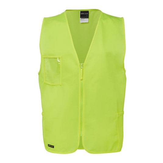 JB's Hi Vis Zip Vest, crafted from 100% polyester tricot, features a front zipper and side utility pockets, designed for workplace safety and durability, aligning with industry standards for daytime visibility.