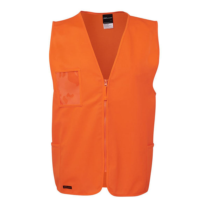 Load image into Gallery viewer, JB's Hi Vis Zip Vest features a durable polyester tricot construction with a practical zipper front and utility side pockets, designed for workplace safety and visibility in compliance with industry standards.