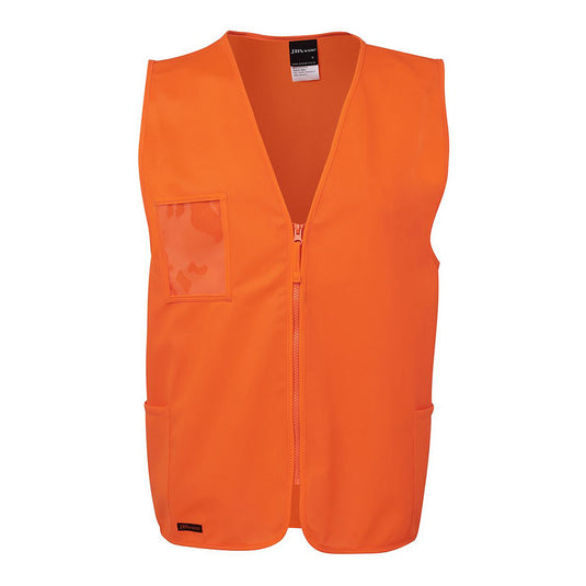 JB's Hi Vis Zip Vest features a durable polyester tricot construction with a practical zipper front and utility side pockets, designed for workplace safety and visibility in compliance with industry standards.