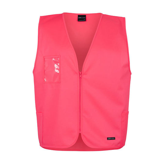 JB's Hi Vis Zip Vest with utility pockets and durable 100% polyester tricot material, featuring a front zipper for easy wear, ideal for safety and workwear needs from Active Safety.