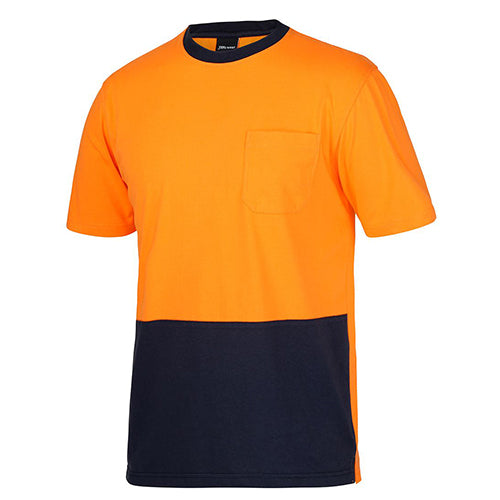 JB's Hi Vis Cotton T-Shirt, featuring a straight hem with side splits and a left-hand chest pocket. Ideal for safety and comfort, aligning with Active Safety's focus on workplace safety apparel.