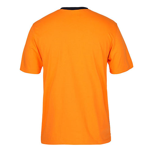 JB's Hi Vis Cotton T-Shirt, showcasing the back design with a straight hem and side splits, features a left chest pocket. Crafted from 100% cotton, it aligns with UPF 50+ protection standards.