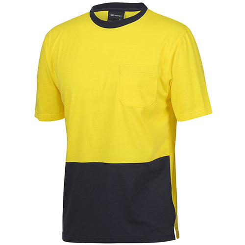 JB's Hi Vis Cotton T-Shirt featuring a yellow and black design, highlighted by a left-hand chest pocket and straight hem. Ideal for safety and comfort with UPF 50+ protection.
