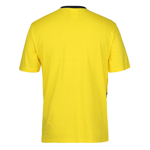 JB's Hi Vis Cotton T-Shirt displayed on a mannequin, featuring black trim and a straight hem with side splits. Ideal for workplace safety, it includes a left-hand chest pocket and complies with UPF 50+ standards.