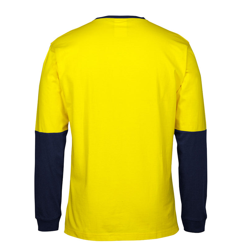 Load image into Gallery viewer, JB's Hi Vis Long Sleeve Crew Neck Cotton T-Shirt, designed with a classic fit and straight hem with side splits, crafted from 100% cotton, ideal for safety-focused environments with UPF 50+ protection.